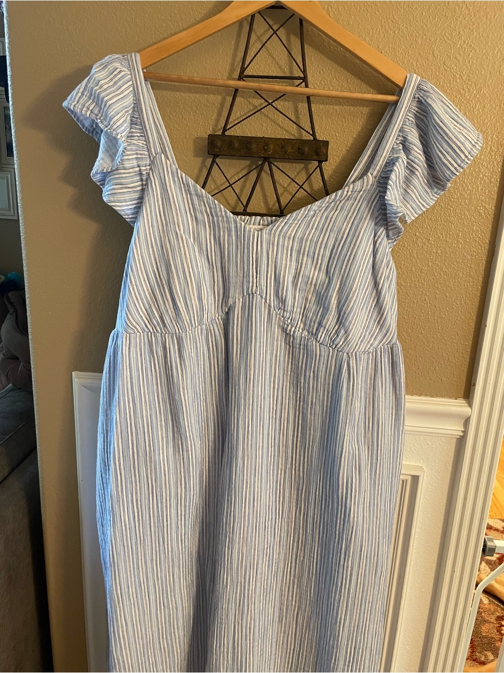 Time and Tru Blue and White Striped Flutter-Sleeve Maxi Dress